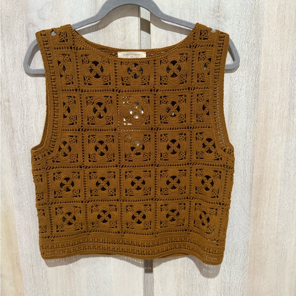 Sezane Bronze Brown Crochet Sleeveless Top